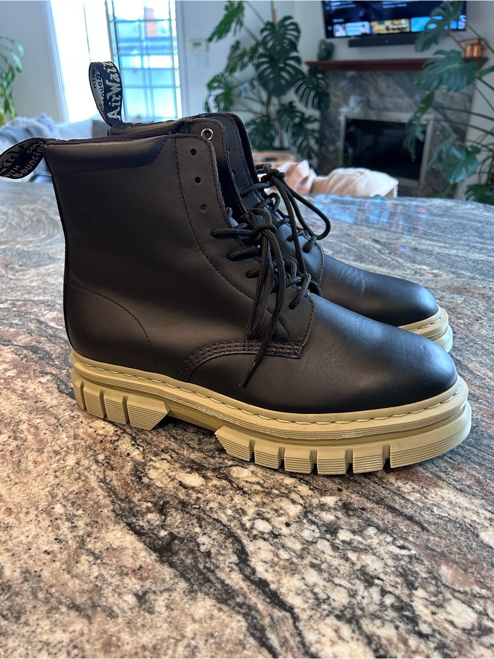 Doc Martens Black Leather Boots with Chunky Beige Sole - Men size 11